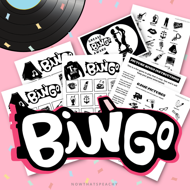 Grease Movie bingo card game party package 1950s fifties 50's printable template digital instant download edit Danny Sandy T-birds Pink Ladies  invite musical movie design black white modern color fun themed bachelorette birthday charity fundraiser event activity