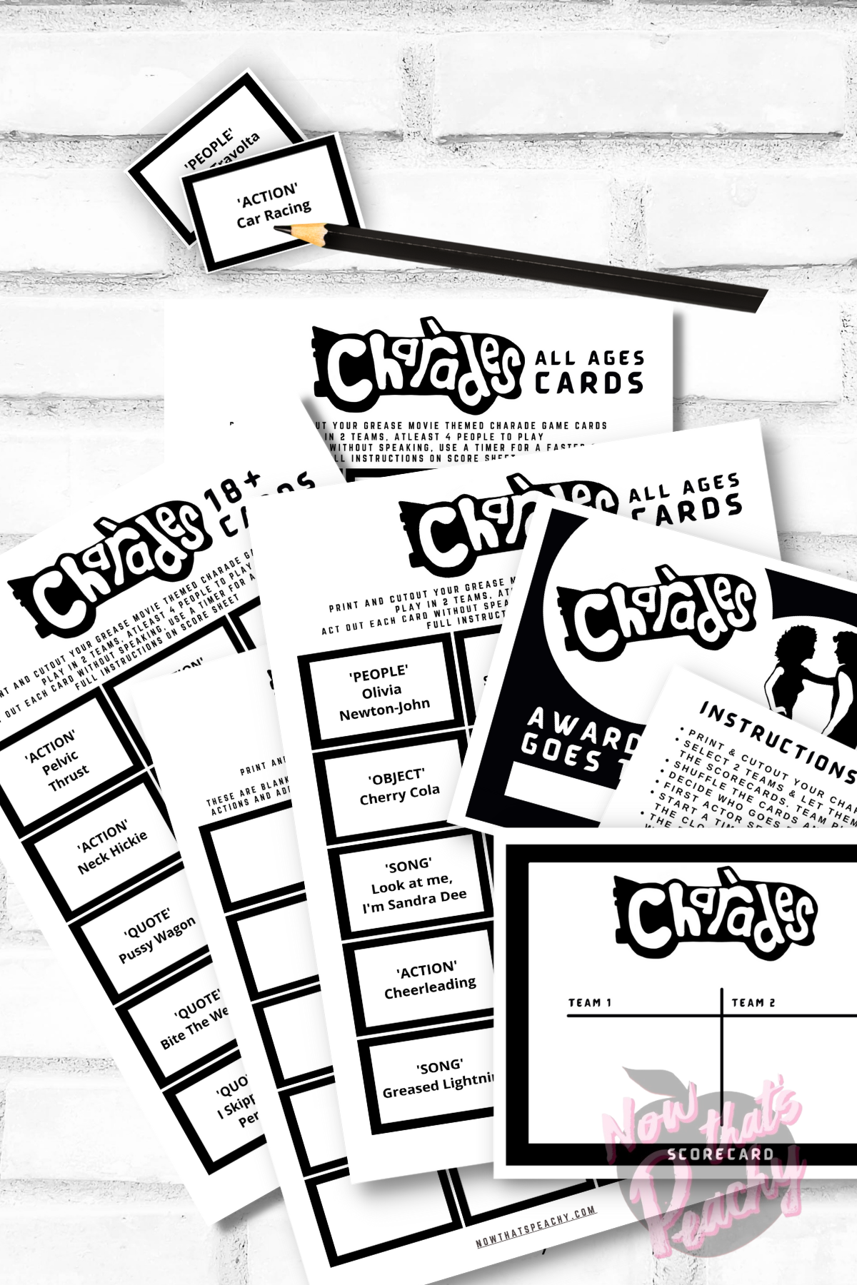 Grease Movie Charades card game party package 1950s fifties 50's printable template digital instant download edit Danny Sandy T-birds Pink Ladies  invite musical movie design black white modern color fun themed bachelorette birthday charity fundraiser event activity