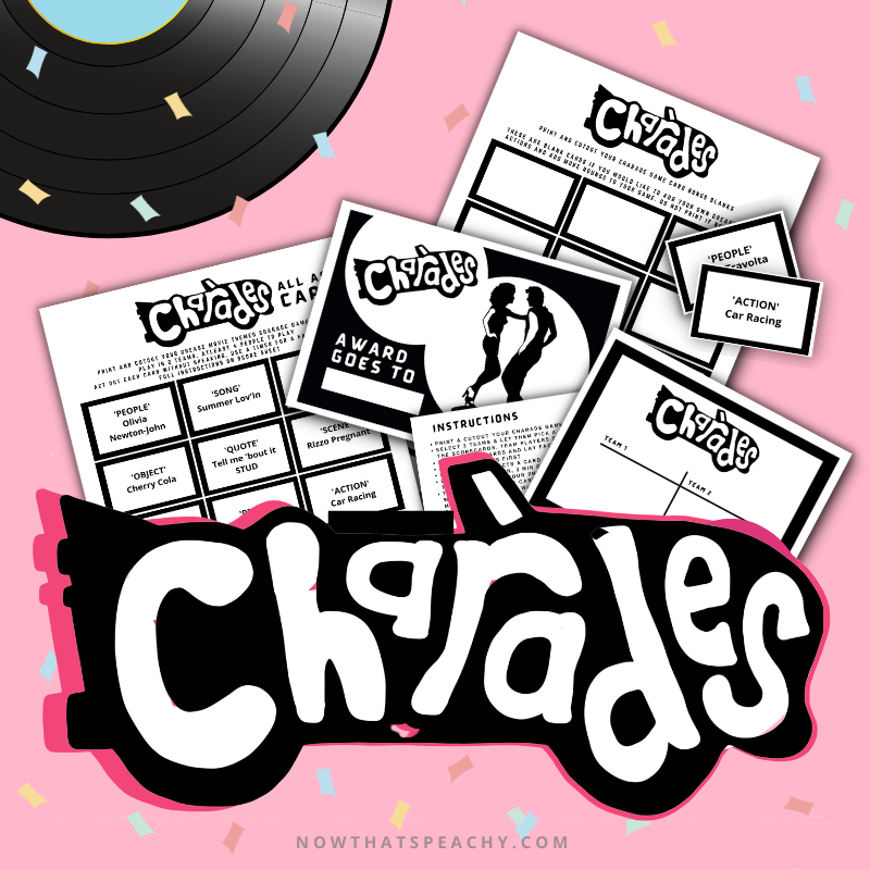 Grease Movie charades  game party 1950s fifties 50's printable template digital instant download edit Danny Sandy T-birds Pink Ladies  invite soda hop jukebox rockabilly rock'n'roll musical movie design black white modern color fun themed bachelorette birthday charity fundraiser event activity