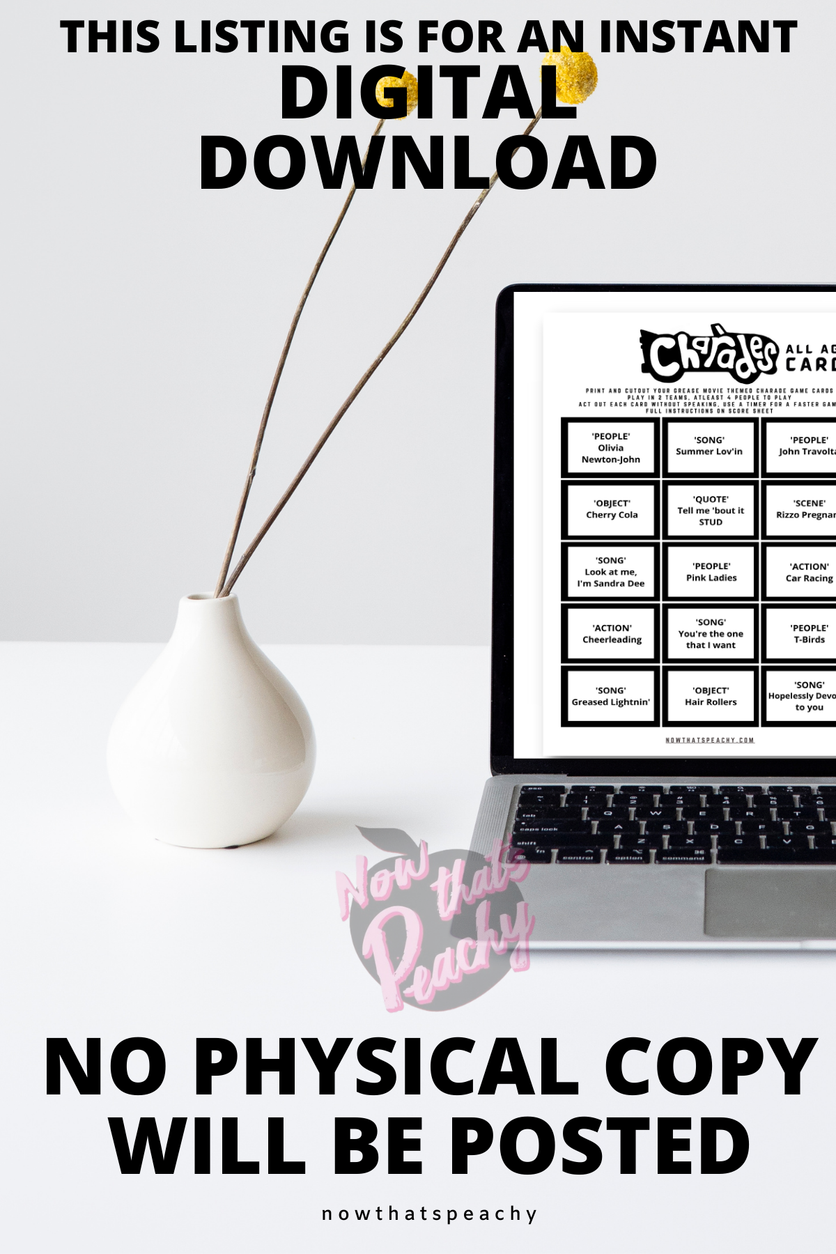 Grease Movie Charades card game party package 1950s fifties 50's printable template digital instant download edit Danny Sandy T-birds Pink Ladies  invite musical movie design black white modern color fun themed bachelorette birthday charity fundraiser event activity