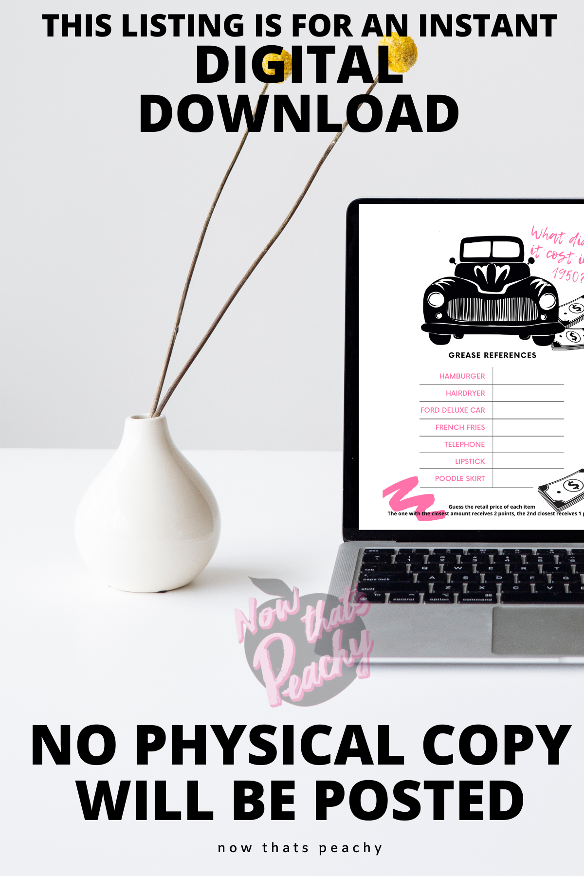 Grease Movie what does it cost in 1950 trivia  quiz question game party package 1950s fifties 50's printable template digital instant download edit Danny Sandy T-birds Pink Ladies  invite soda hop jukebox rockabilly rock'n'roll musical movie design black white modern color fun themed bachelorette birthday charity fundraiser event activity