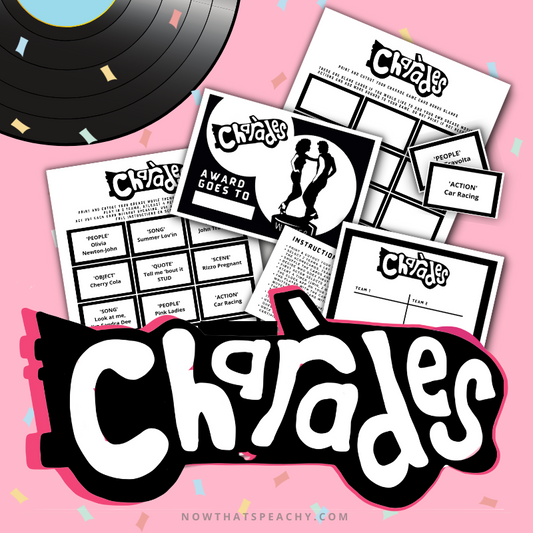 Grease Movie Charades card game party package 1950s fifties 50's printable template digital instant download edit Danny Sandy T-birds Pink Ladies  invite musical movie design black white modern color fun themed bachelorette birthday charity fundraiser event activity