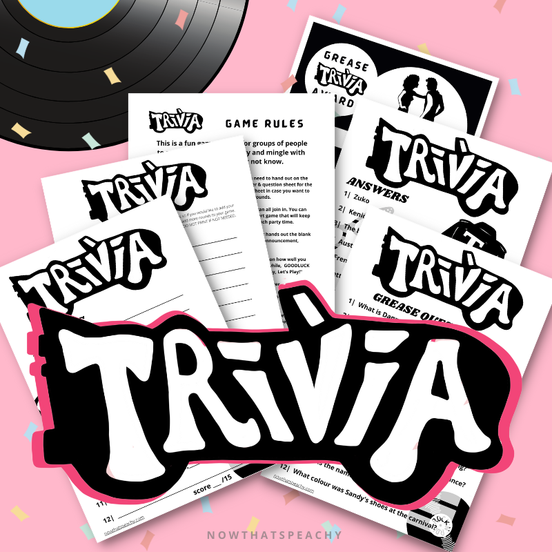 Grease Movie Trivia quiz question game party package 1950s fifties 50's printable template digital instant download edit Danny Sandy T-birds Pink Ladies  invite soda hop jukebox rockabilly rock'n'roll musical movie design black white modern color fun themed bachelorette birthday charity fundraiser event activity