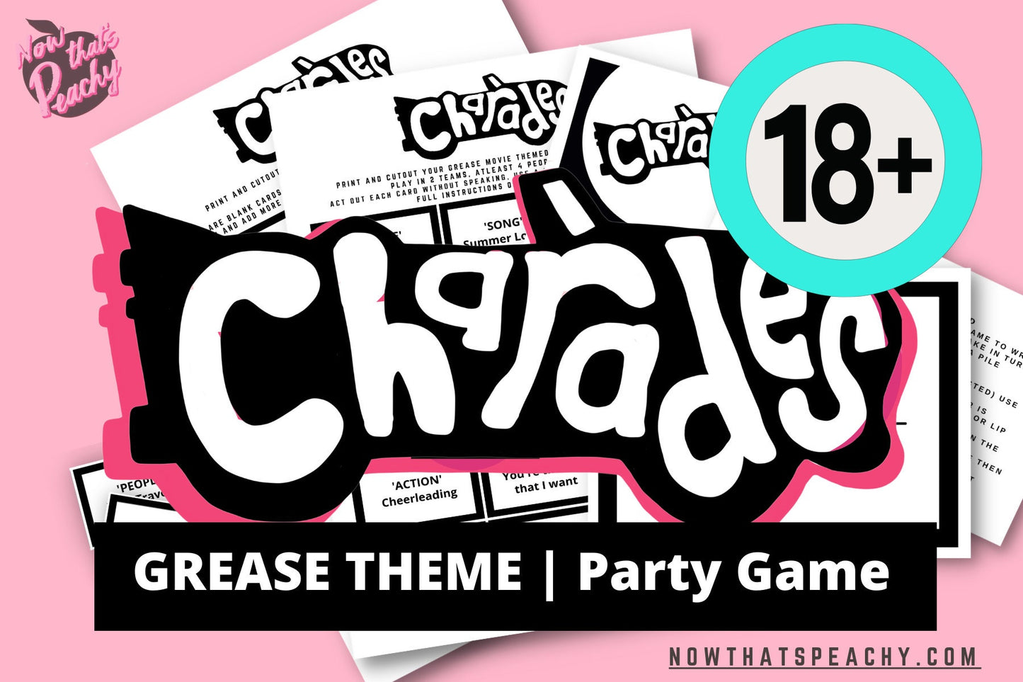 Grease Movie Charades card game party package 1950s fifties 50's printable template digital instant download edit Danny Sandy T-birds Pink Ladies  invite musical movie design black white modern color fun themed bachelorette birthday charity fundraiser event activity