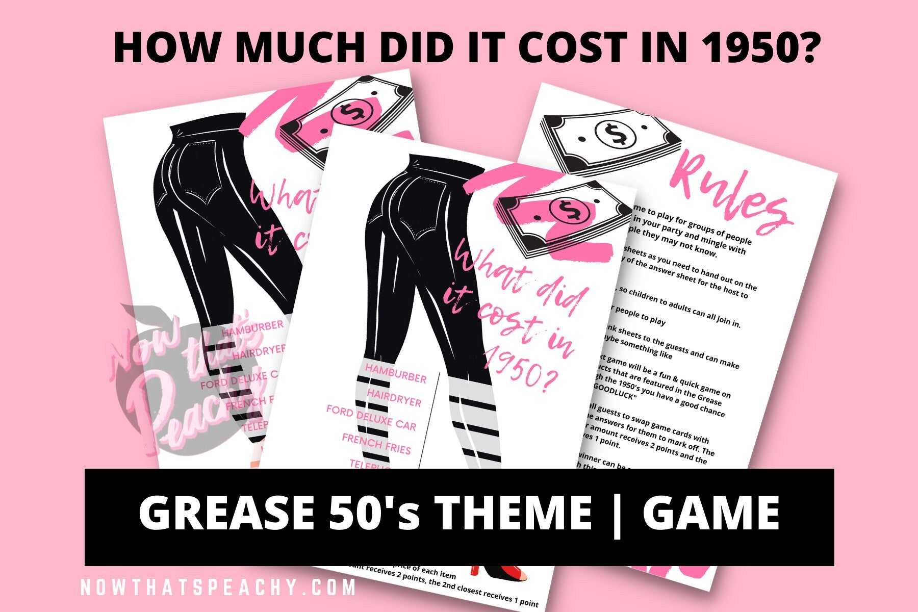 Grease Movie what does it cost in 1950 trivia  quiz question game party package 1950s fifties 50's printable template digital instant download edit Danny Sandy T-birds Pink Ladies  invite soda hop jukebox rockabilly rock'n'roll musical movie design black white modern color fun themed bachelorette birthday charity fundraiser event activity