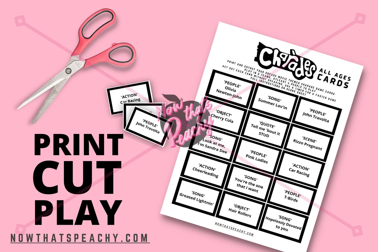 Grease Movie Charades card game party package 1950s fifties 50's printable template digital instant download edit Danny Sandy T-birds Pink Ladies  invite musical movie design black white modern color fun themed bachelorette birthday charity fundraiser event activity