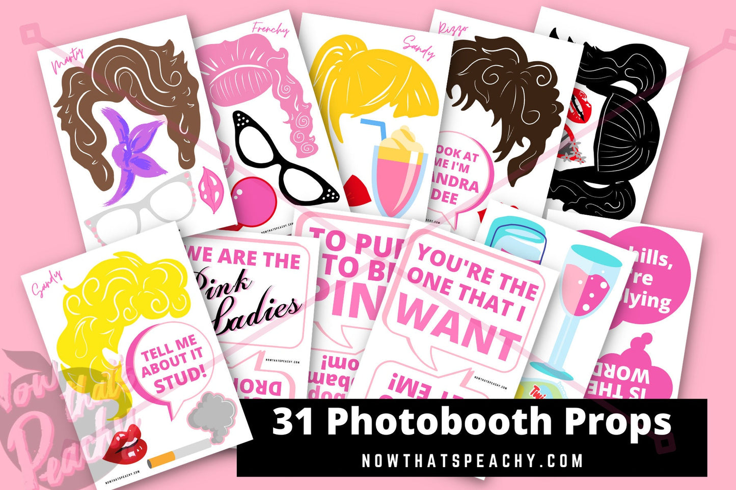Grease theme Photo booth PRINTABLES Props Pink Ladies themed for Birthdays Bachelorette