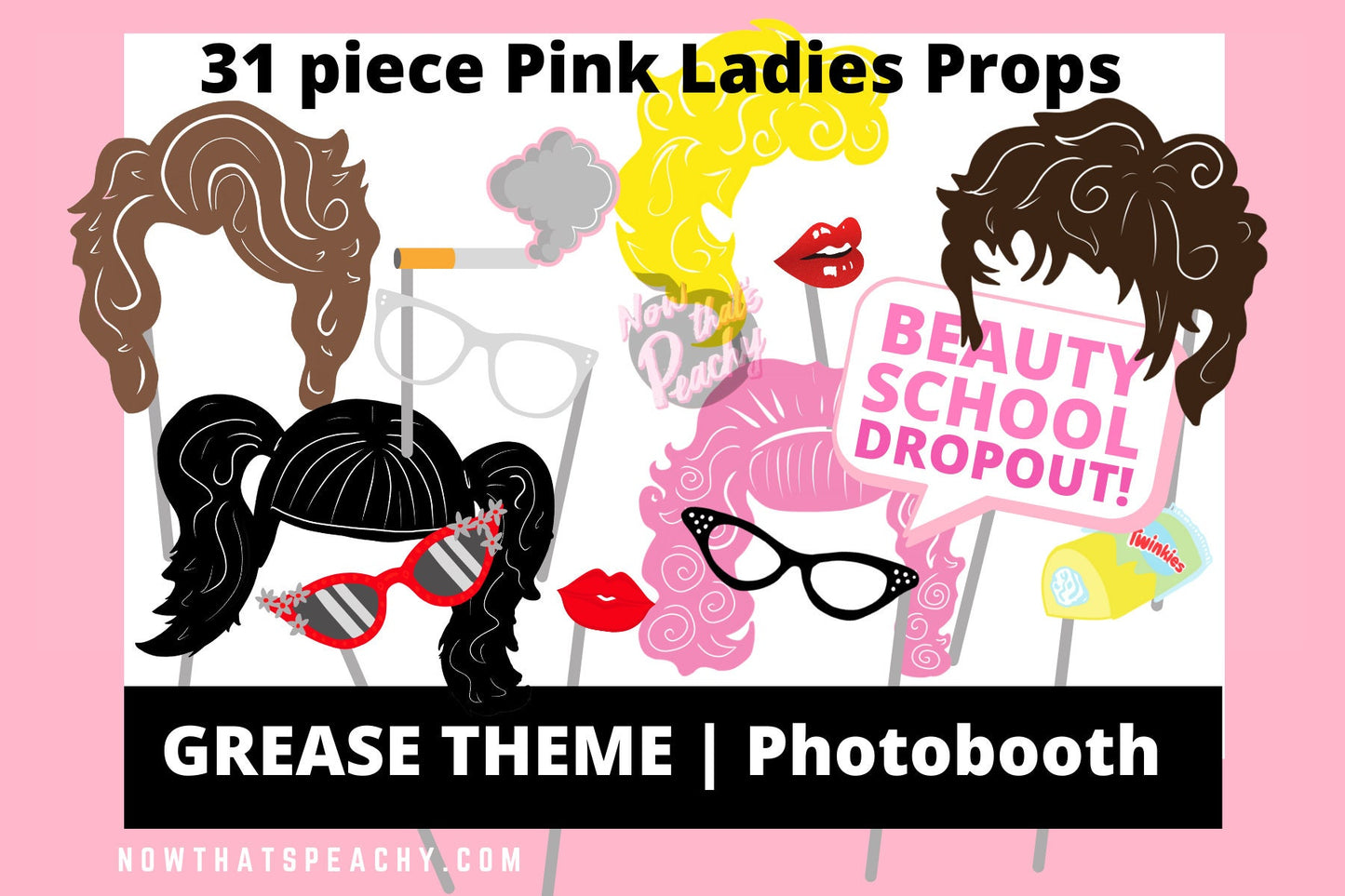 Grease theme Photo booth PRINTABLES Props Pink Ladies themed for Birthdays Bachelorette