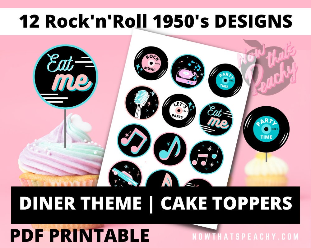 diner 50s cupcake party food cake circle toppers decorations printable instant download 