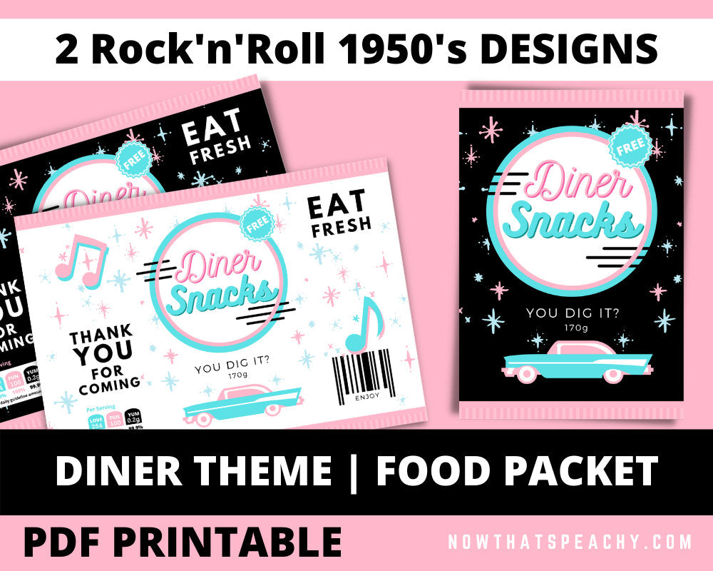 diner snacks 50s chip candy packet food packaging design party favor decorations printable instant download 