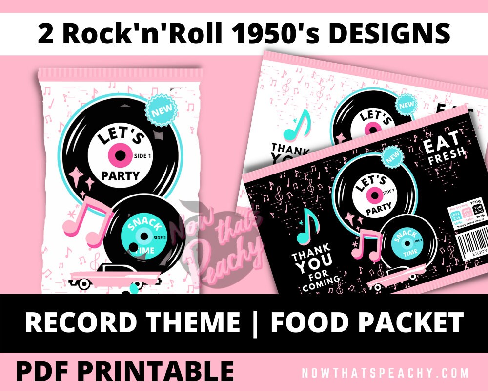 Rock'n'Roll 1950s Chip Food Packet Bags Printable, Party favor template, Diner 50s fifties grease greaser soda hop theme, treat music packaging