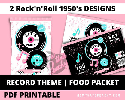Rock'n'Roll 1950s Chip Food Packet Bags Printable, Party favor template, Diner 50s fifties grease greaser soda hop theme, treat music packaging