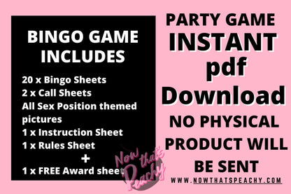 Sex position BINGO game printable digital instant download for adults. Rude crude funny hens night Bachelorette parties fun naughty party idea for girls weekend away. Play over wine and dinner for laughs, Naughty sexy party games idea for woman, ladies over the age of 18+. Adults only xrated inspiration card quiz trivia wedding bride-to-be bridal shower games