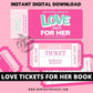 Shop for LOVE For Her Couples ideas Ticket Voucher Coupon book printable diy print off valentines anniversary wife husband digital download fun cute idea present  Birthday print off retro vintage theme night out girlfriend lesbian lgbtqia partner mrs miss lady girl  adult explore anti vday  product shop easy cheap affordable personalized custom wedding bride to be gifts