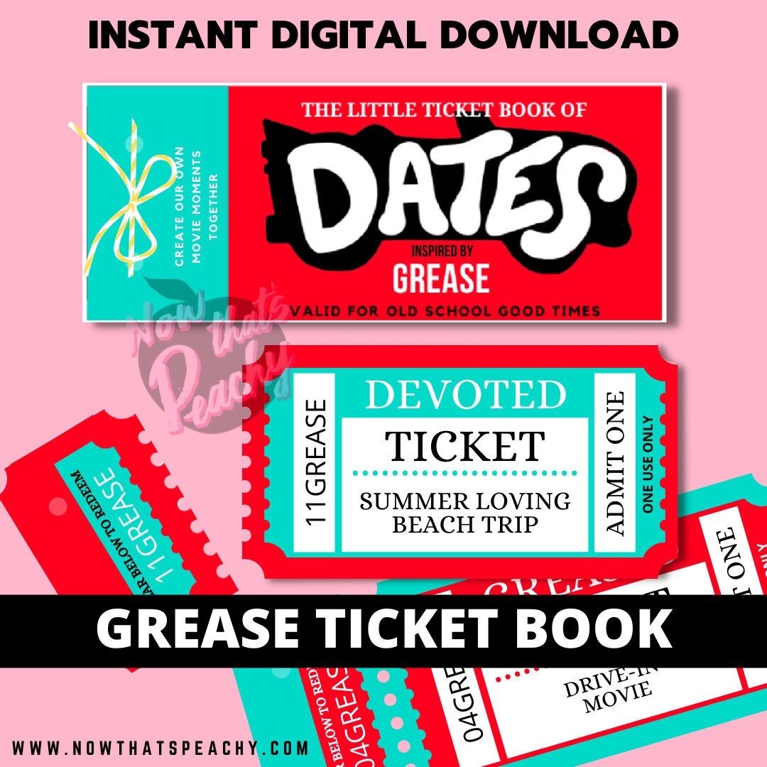 Shop for Grease Movie date night ideas Ticket Voucher Coupon book printable DIY Template couple date night weekend treat appreciation print off musical 70s 50s 1950s diner rocknroll fans valentines anniversary wife husband digital download fun cute idea present Birthday print off retro vintage theme night out boyfriend girlfriend partner mrs mr miss lady girl man male female adult explore anti vday  product shop easy cheap affordable personalized custom wedding bride to be gifts inspiration