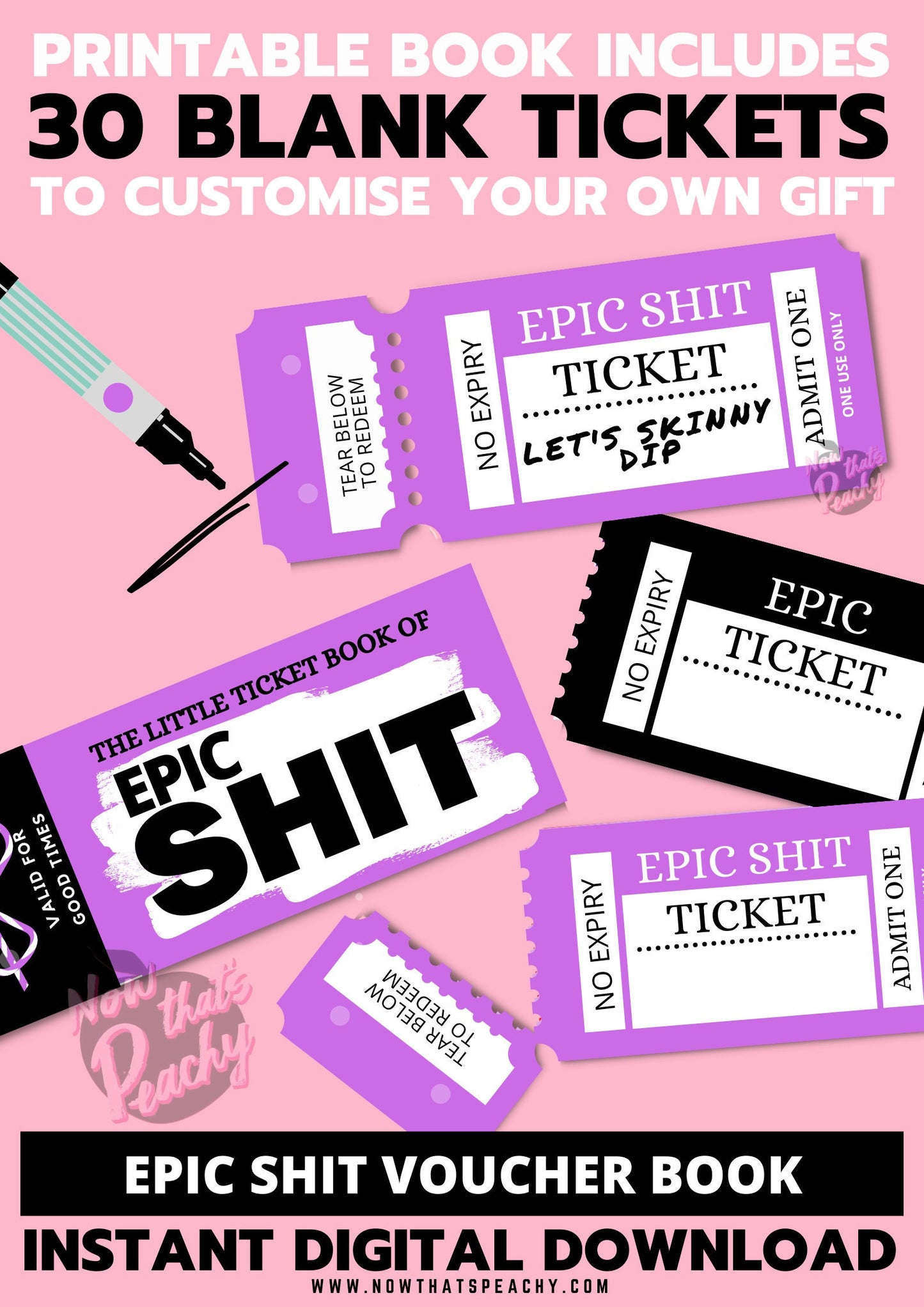 Shop for The Little Book of EPIC SHIT Ticket Voucher Coupon book printable DIY Template Blank fun activity bestie BFF friends couple date night treat appreciation print off valentines anniversary birthday wife husband digital download fun cheeky silly idea present print off funky purple retro vintage y2k theme x-rated boyfriend girlfriend partner Mrs. Mr Miss lady girl man male female adult anti vday  product shop easy cheap affordable budget personalized custom inspiration present