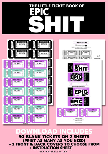 Shop for The Little Book of EPIC SHIT Ticket Voucher Coupon book printable DIY Template Blank fun activity bestie BFF friends couple date night treat appreciation print off valentines anniversary birthday wife husband digital download fun cheeky silly idea present print off funky purple retro vintage y2k theme x-rated boyfriend girlfriend partner Mrs. Mr Miss lady girl man male female adult anti vday  product shop easy cheap affordable budget personalized custom inspiration present