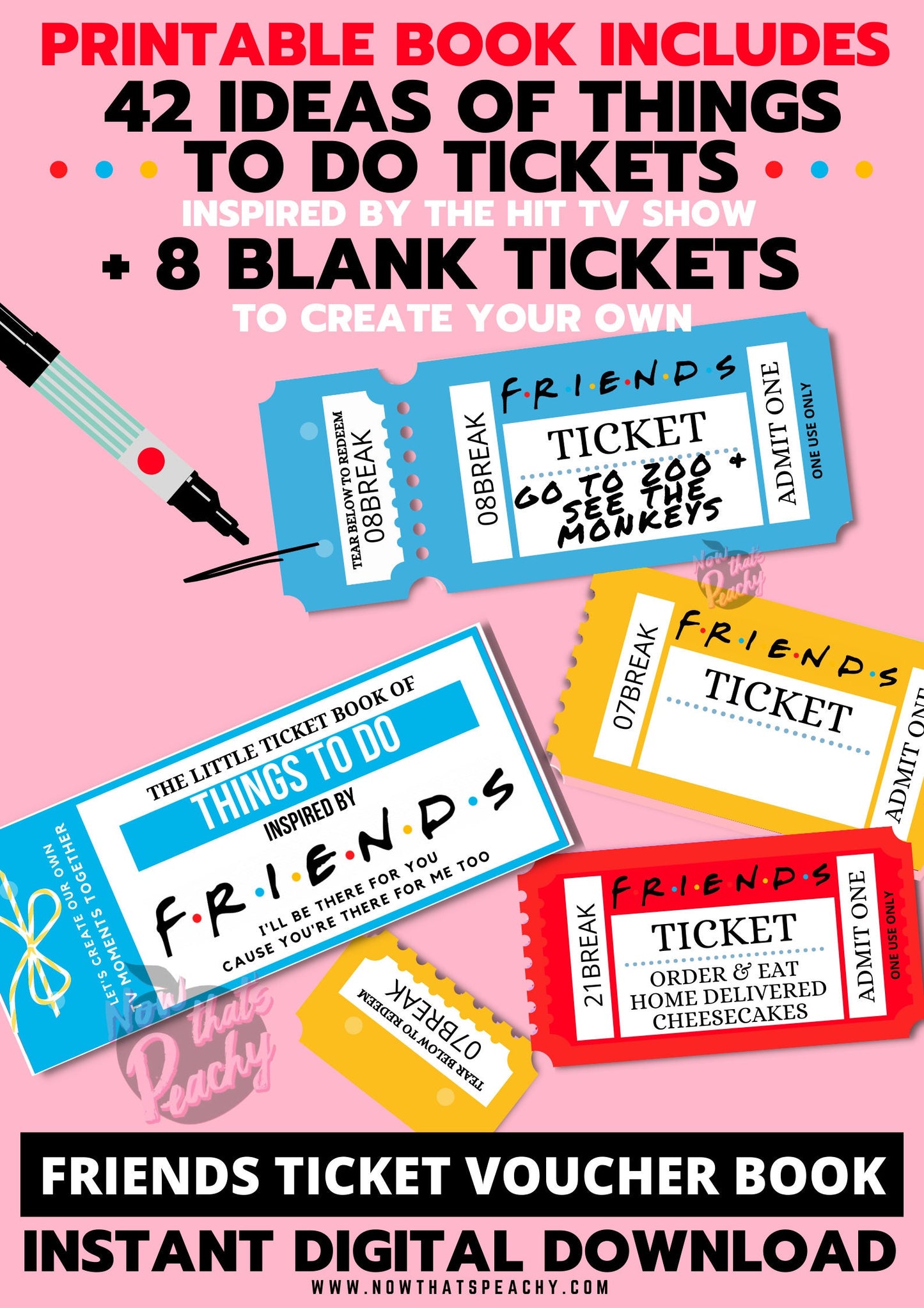 FRIENDS Tv show TICKET Voucher Book Printable Download 90s fandom gift idea Valentines Day Birthday coupons girlfriend BFF Bestie VDay Y2K