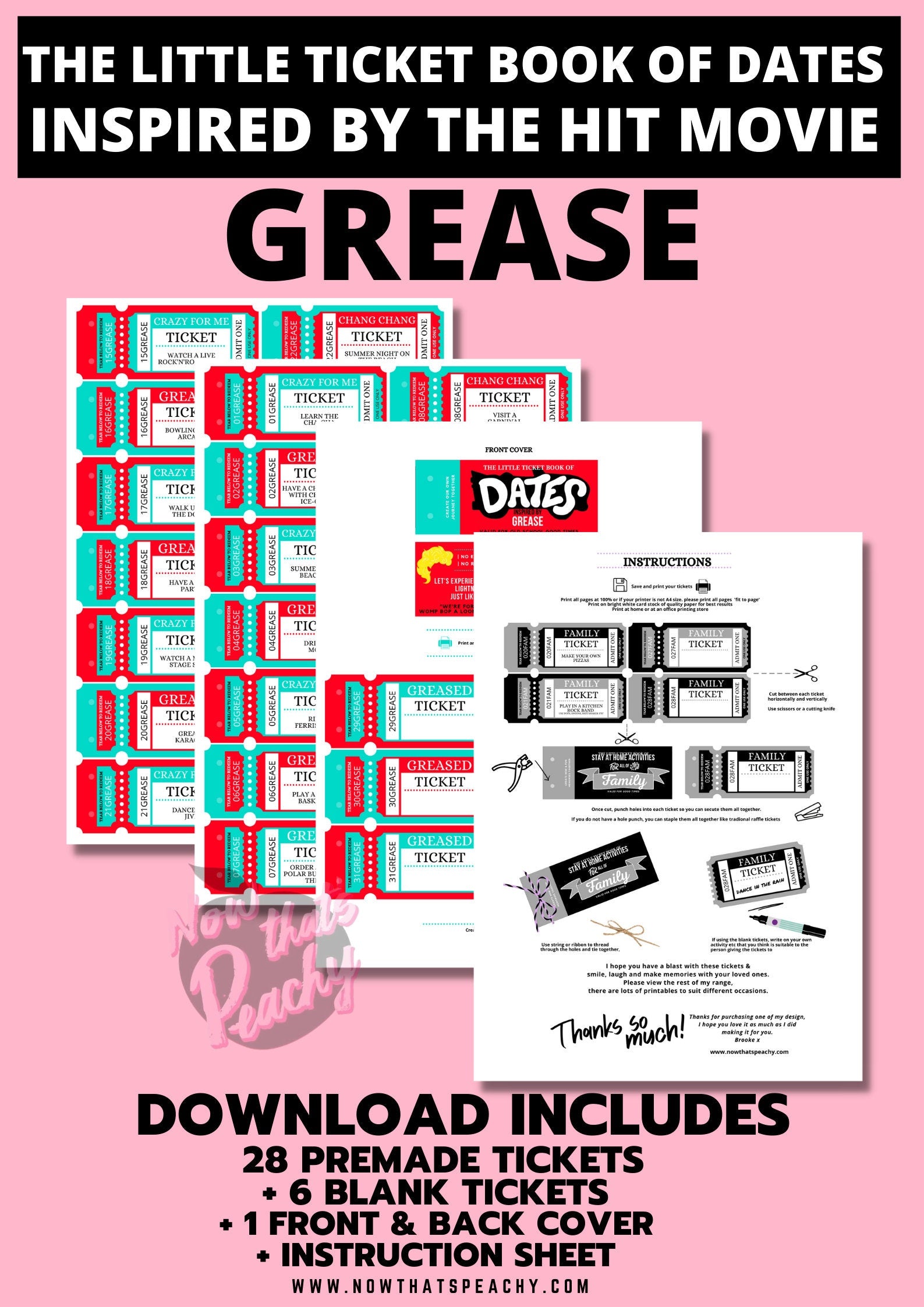 Shop for Grease Movie date night ideas Ticket Voucher Coupon book printable DIY Template couple date night weekend treat appreciation print off musical 70s 50s 1950s diner rocknroll fans valentines anniversary wife husband digital download fun cute idea present Birthday print off retro vintage theme night out boyfriend girlfriend partner mrs mr miss lady girl man male female adult explore anti vday  product shop easy cheap affordable personalized custom wedding bride to be gifts inspiration