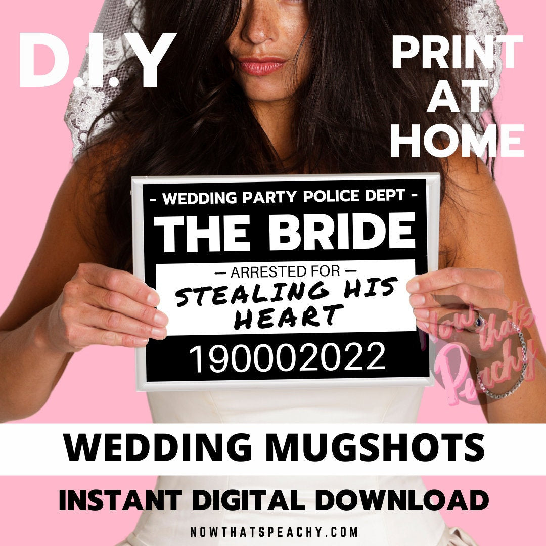 Wedding MUGSHOT Photo booth PRINTABLES 30 party Props Bride Groom Bridal Shower Parties police crime lineup fun unique modern photobooth pdf