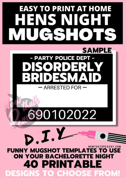 MUGSHOT Hens Night Photo booth PRINTABLES 40 party Props Bride Bachelorette Hen Parties Girls night out police lineup funny rude photobooth
