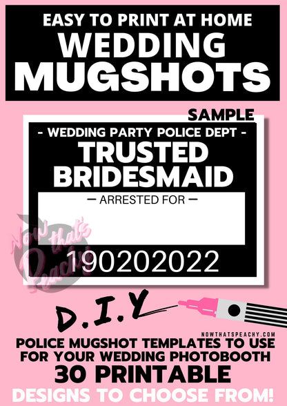 Wedding MUGSHOT Photo booth PRINTABLES 30 party Props Bride Groom Bridal Shower Parties police crime lineup fun unique modern photobooth pdf