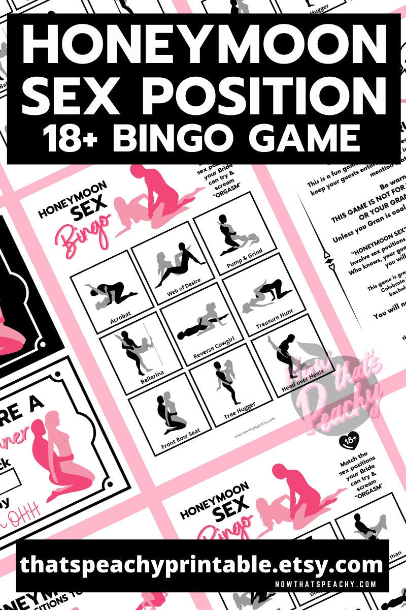 Honeymoon sex position bingo printable digital instant download game for bachelorette parties, hen nights, bride to be events, naughty kitchen teas, bridal showers and all celebrations like weekend away. This sex bingo game is fun, easy to print of and play, lots of players, original adult only 18+ xxx x-rated content card quiz humor rude unique exclusive games nowthatspeachy 1