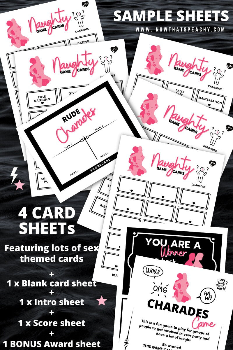 Naughty rude SEX CHARADES Card Game Printable Instant Download 18+ Bachelorette Hen Party Bridal Shower funny sexy dirty x-rated adult humor