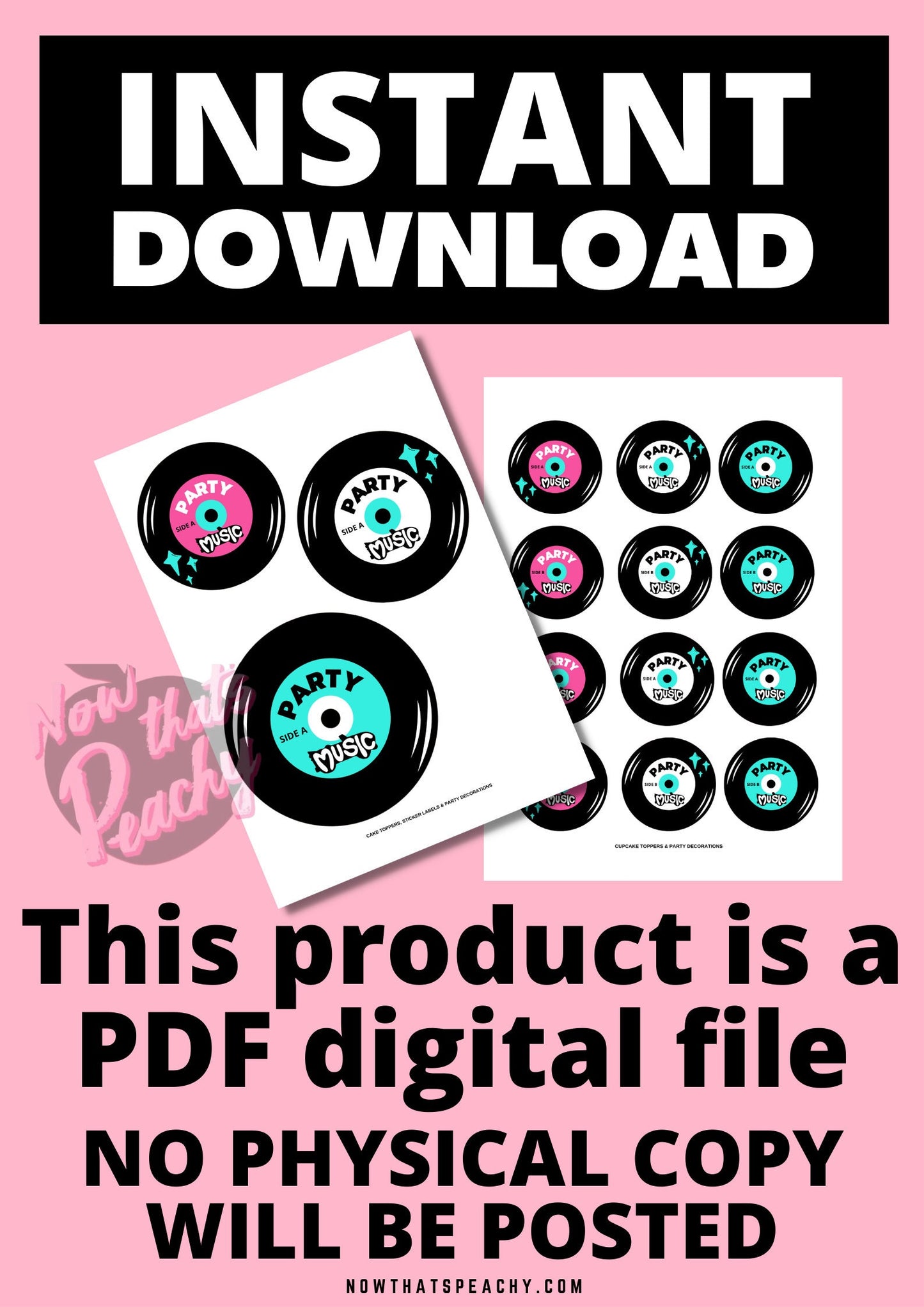 Grease Movie party vinyl record cupcake cake toppers circle sticker template decorations 1950s fifties 50's printable template digital instant download edit Danny Sandy T-birds Pink Ladies  invite soda hop jukebox rockabilly rock'n'roll musical movie design black white modern color fun themed bachelorette birthday charity fundraiser event activity pack