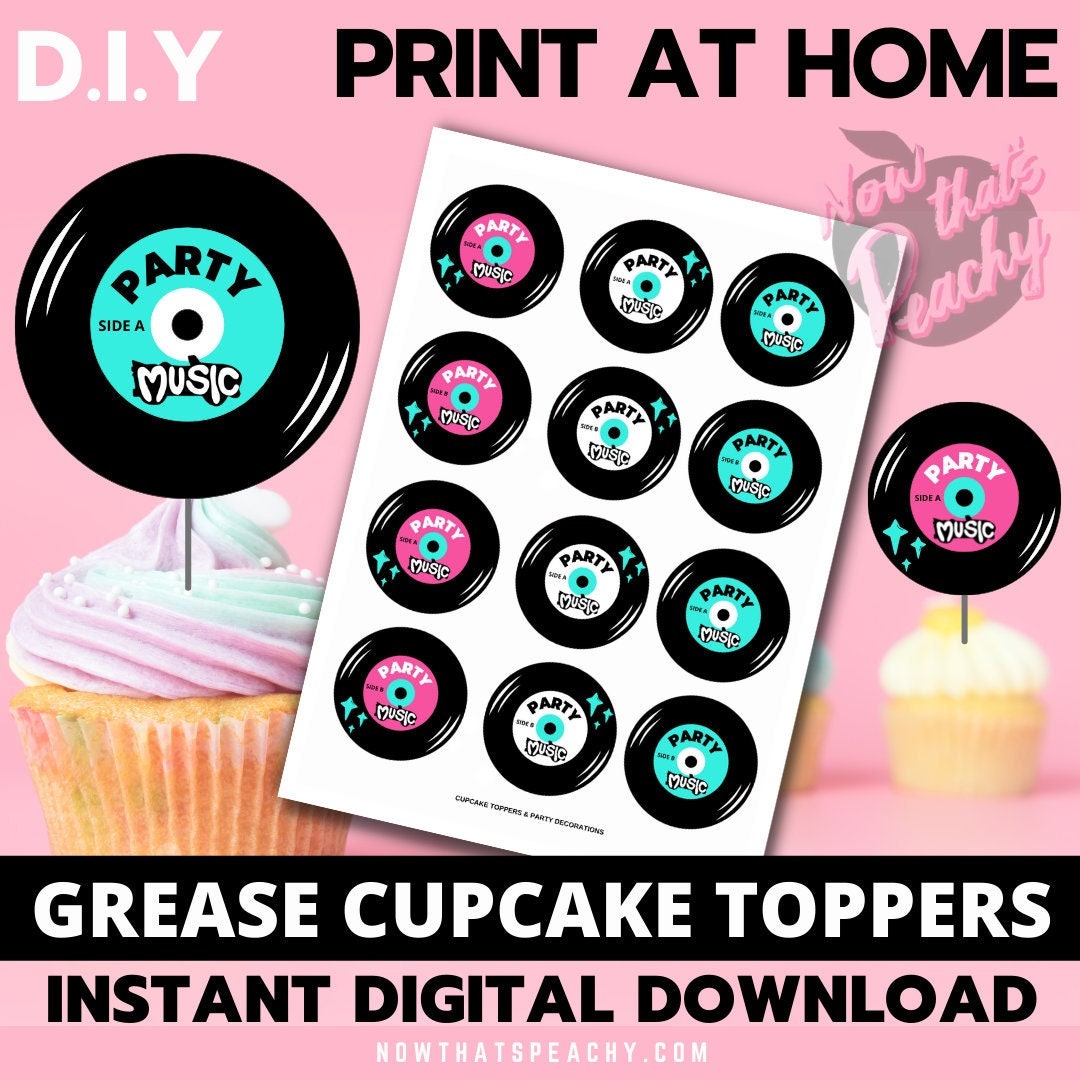 Grease Movie party vinyl record cupcake cake toppers circle sticker template decorations 1950s fifties 50's printable template digital instant download edit Danny Sandy T-birds Pink Ladies  invite soda hop jukebox rockabilly rock'n'roll musical movie design black white modern color fun themed bachelorette birthday charity fundraiser event activity pack