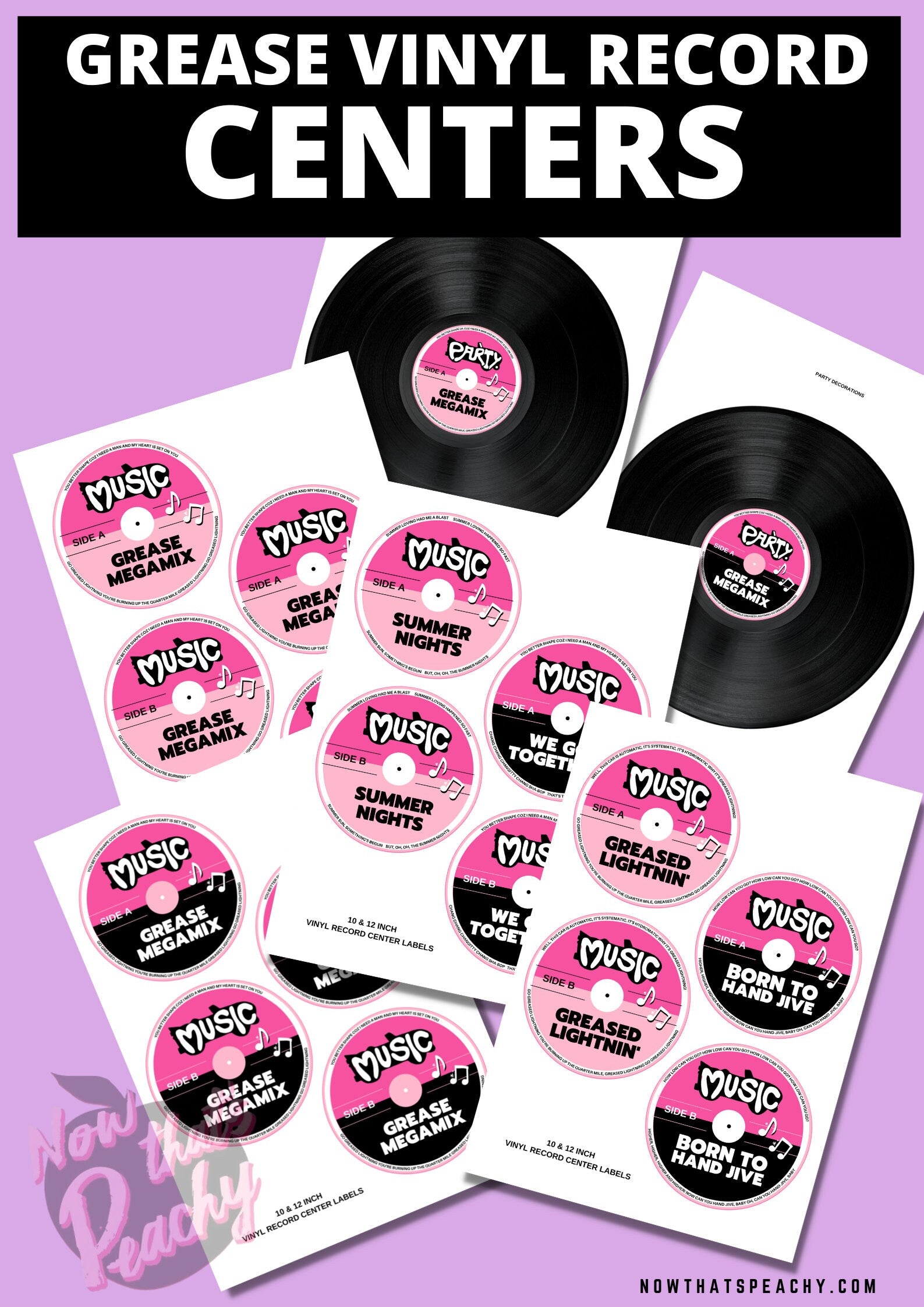 Grease Movie party vinyl record circle sticker center print off decorations 1950s fifties 50's printable template digital instant download edit Danny Sandy T-birds Pink Ladies invite soda hop jukebox rockabilly rock'n'roll musical movie design pink black white modern color fun themed bachelorette birthday charity fundraiser event decor