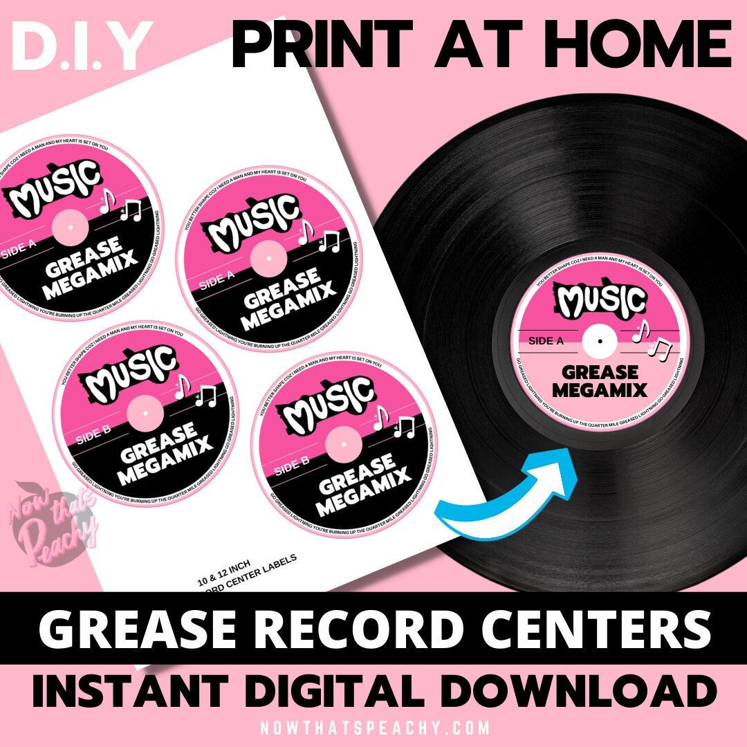 Grease Vinyl Record center PRINTABLES 10' 12' Party decor Prop decoration  label DIY 50s theme