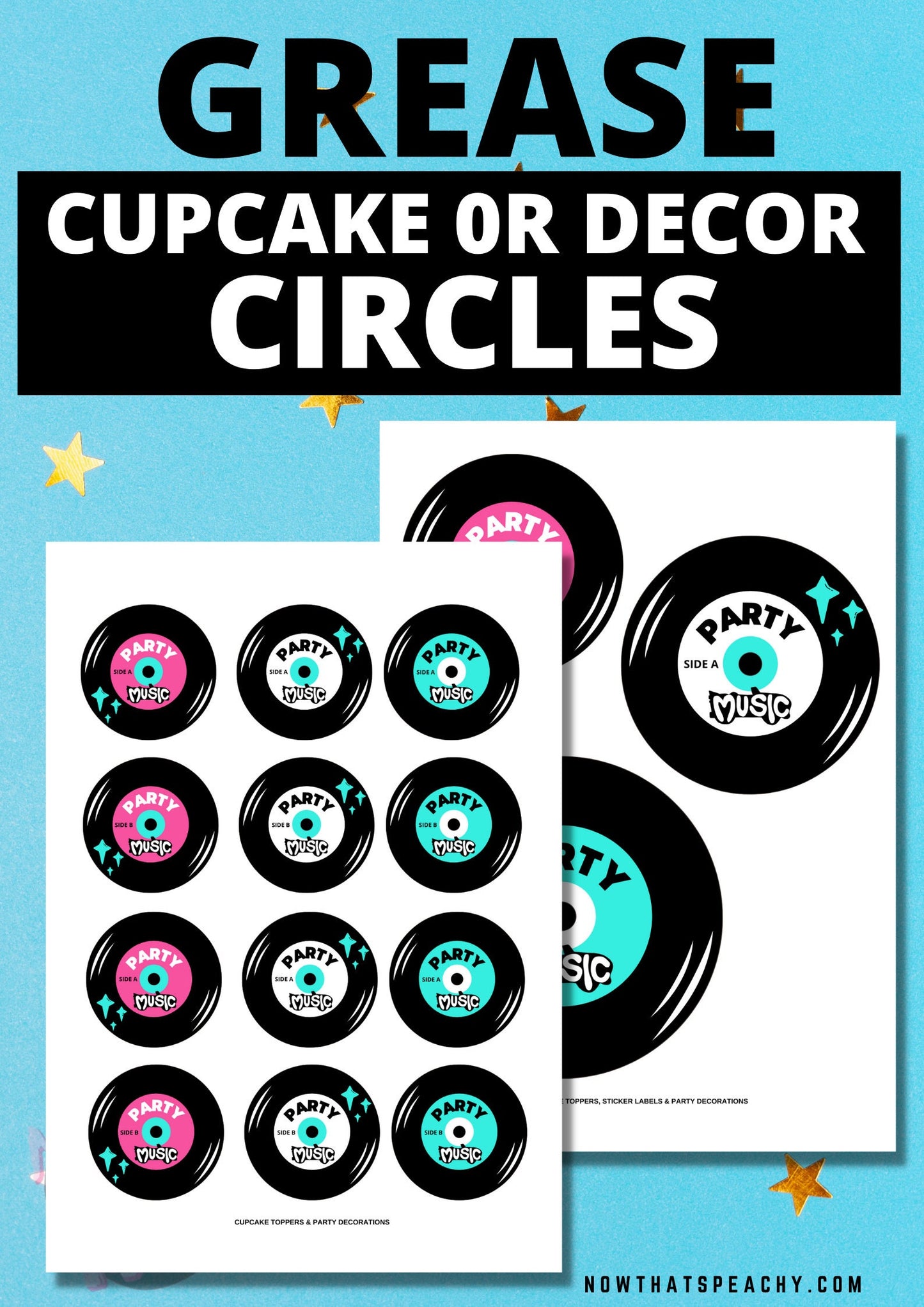 Grease Movie party vinyl record cupcake cake toppers circle sticker template decorations 1950s fifties 50's printable template digital instant download edit Danny Sandy T-birds Pink Ladies  invite soda hop jukebox rockabilly rock'n'roll musical movie design black white modern color fun themed bachelorette birthday charity fundraiser event activity pack
