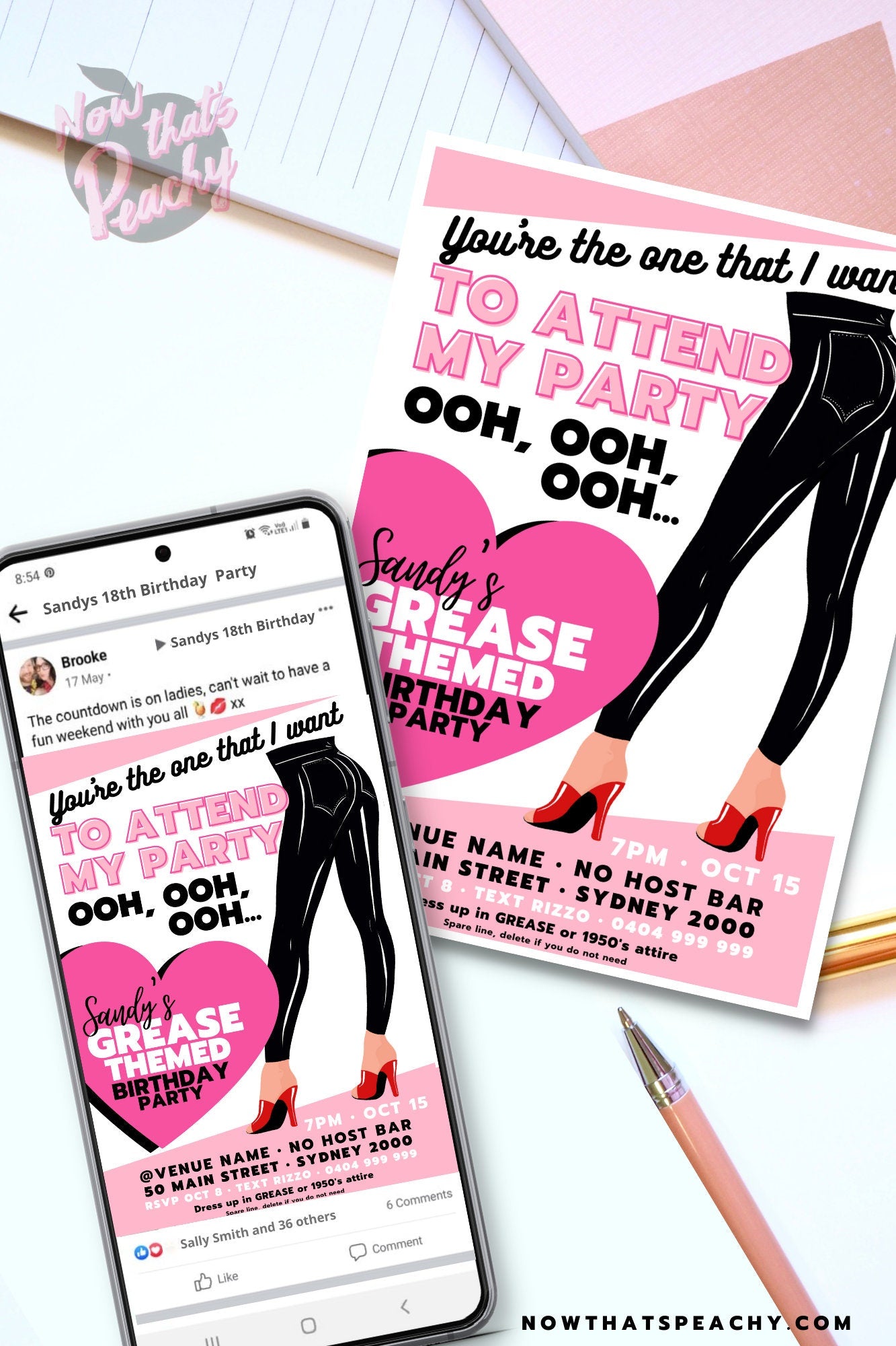 Grease Movie Editable party invite easy to edit in canva custom 1950s fifties 50's printable template digital instant download edit Danny Sandy T-birds Pink Ladies  invite soda hop jukebox rockabilly rock'n'roll musical movie design pink black white modern color fun themed birthday event 