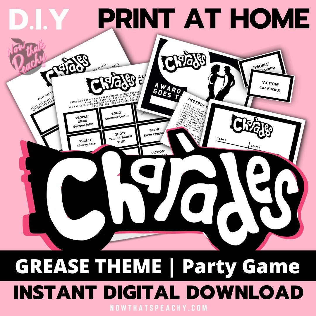 Grease Movie charades  game party 1950s fifties 50's printable template digital instant download edit Danny Sandy T-birds Pink Ladies  invite soda hop jukebox rockabilly rock'n'roll musical movie design black white modern color fun themed bachelorette birthday charity fundraiser event activity