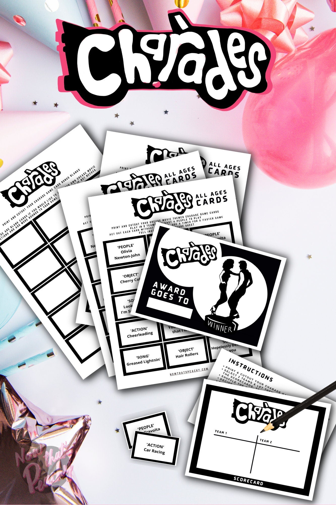 Grease Movie charades  game party 1950s fifties 50's printable template digital instant download edit Danny Sandy T-birds Pink Ladies  invite soda hop jukebox rockabilly rock'n'roll musical movie design black white modern color fun themed bachelorette birthday charity fundraiser event activity