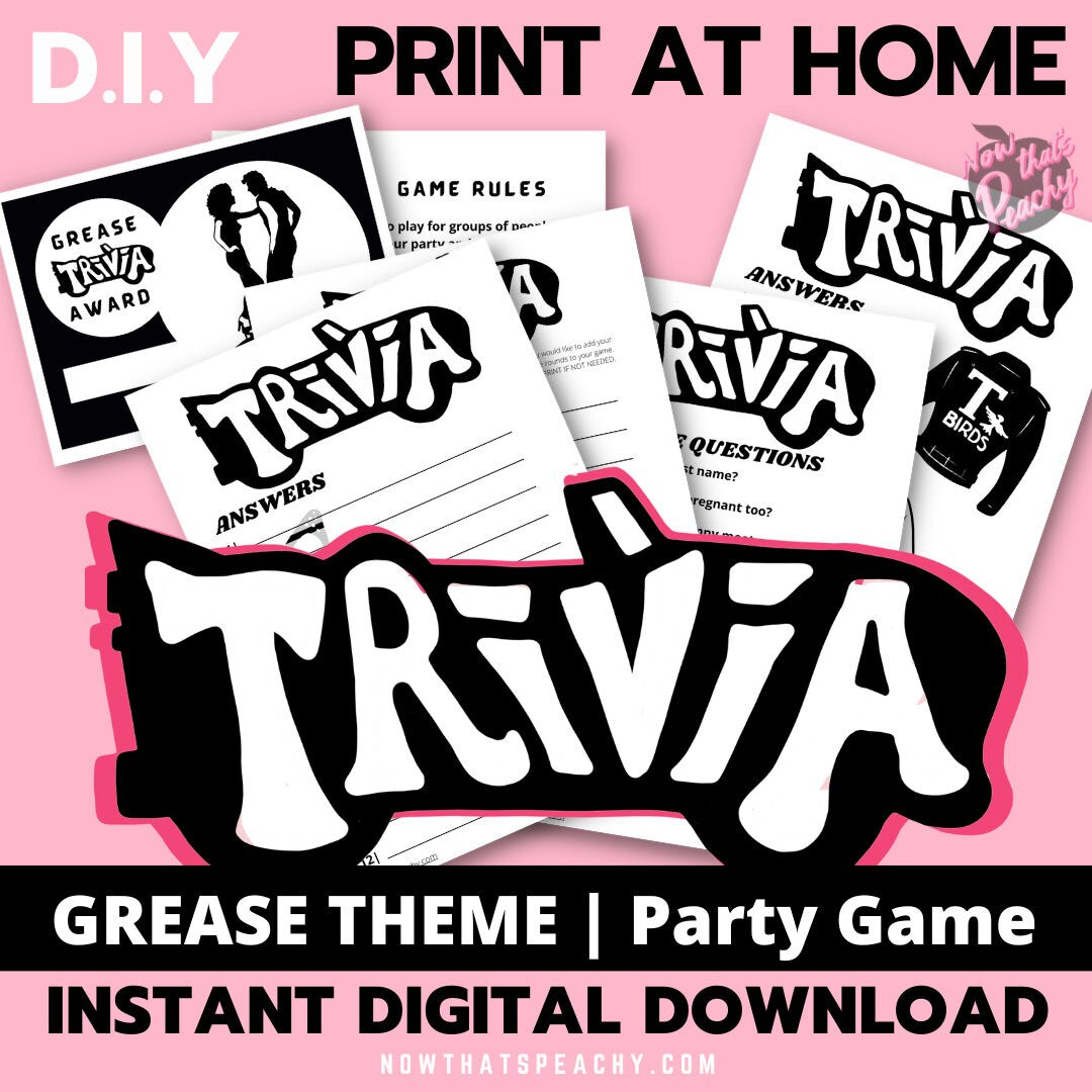 Grease Movie Trivia quiz question game party package 1950s fifties 50's printable template digital instant download edit Danny Sandy T-birds Pink Ladies  invite soda hop jukebox rockabilly rock'n'roll musical movie design black white modern color fun themed bachelorette birthday charity fundraiser event activity