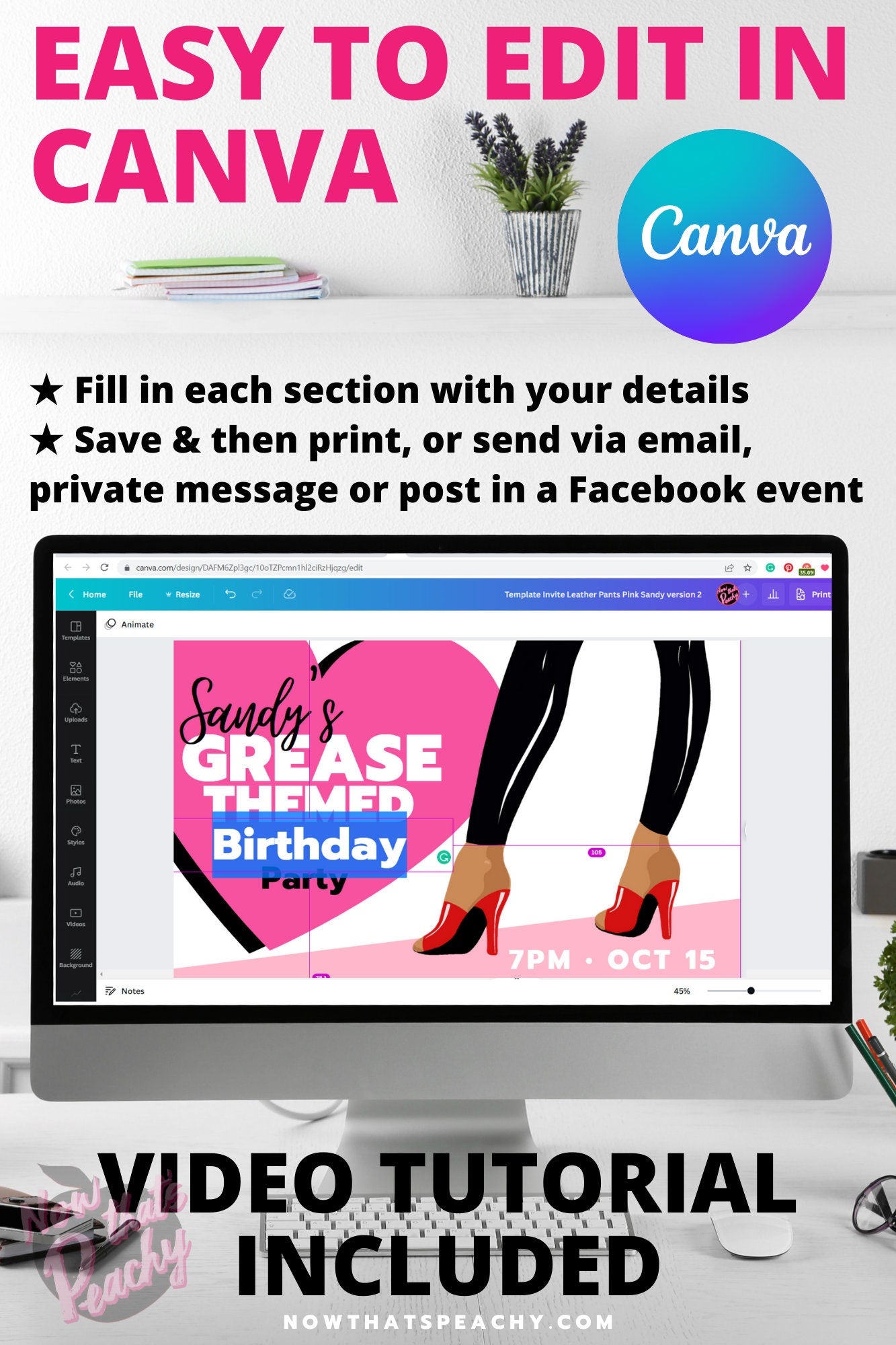 Grease Movie Editable party invite easy to edit in canva custom 1950s fifties 50's printable template digital instant download edit Danny Sandy T-birds Pink Ladies  invite soda hop jukebox rockabilly rock'n'roll musical movie design pink black white modern color fun themed bachelorette hens bride-to-be bridal shower event 