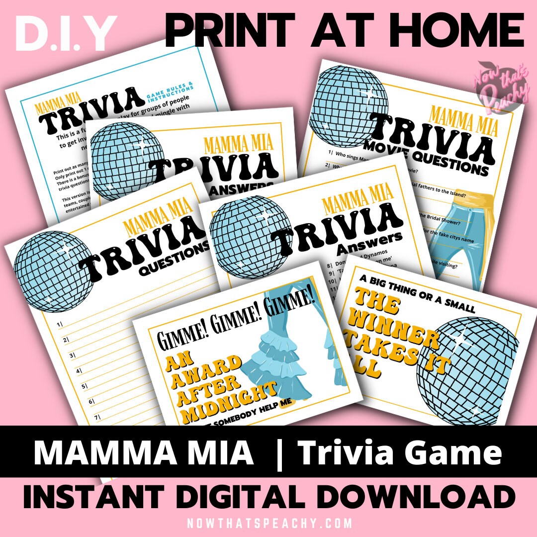 Mamma Mia trivia quiz question game 1970s flared denim pants seventies 70's disco ball karaoke  printable template digital instant download edit Donna and the dynamos invite edit custom musical movie design black white modern color fun themed bachelorette birthday charity event activity