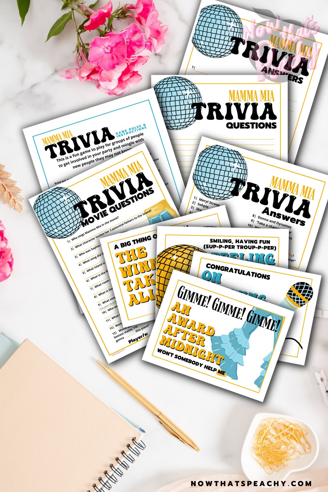 Mamma Mia trivia quiz question game 1970s flared denim pants seventies 70's disco ball karaoke  printable template digital instant download edit Donna and the dynamos invite edit custom musical movie design black white modern color fun themed bachelorette birthday charity event activity
