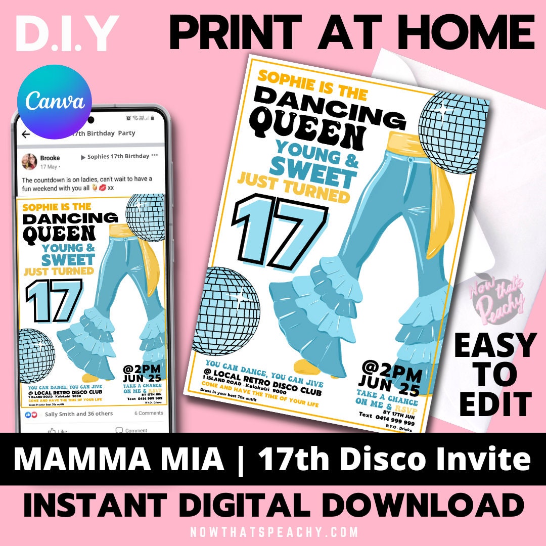 Mamma Mia 1970s flared denim pants seventies 70's disco ball boho hippy studio 54 theme young sweet seventeen 17th editable invitation canva printable template digital instant download edit sophie Donna and the dynamos invite edit custom musical movie design gold blue white modern color
