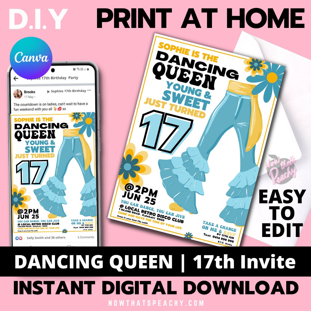 Mamma Mia Queen 17 Invite PRINTABLE, 17th Hippy Movie Party invitation 1970s Birthday CANVA edit – Now That's Peachy mamma-mia-queen-17-invite-printable-17th-hippy-movie-party-invitation-1970s-birthday-canva-edit-now-that-s-peachy