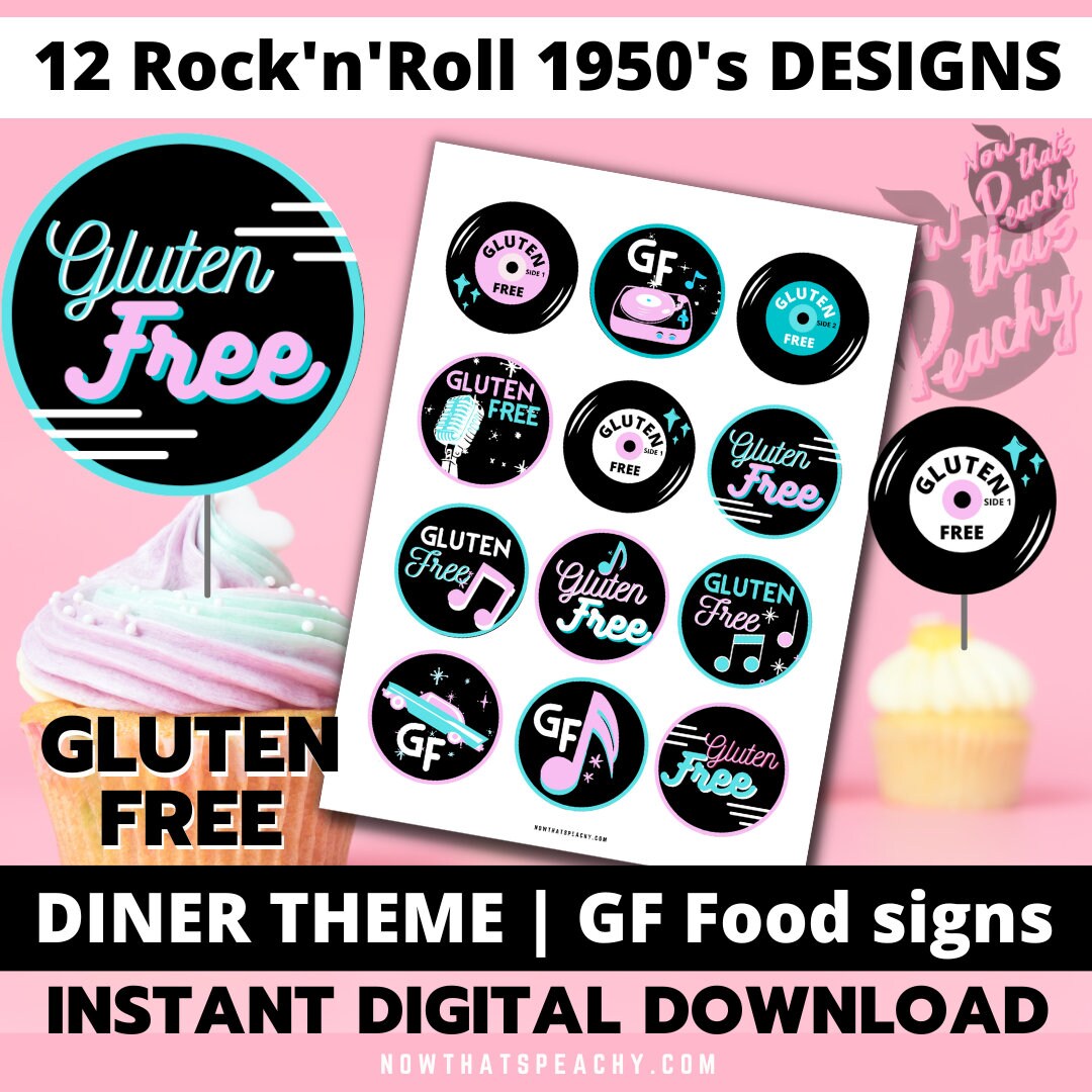 GF DINER Soda Pop 50's PRINTABLE Rock'n'roll Gluten Free cupcake food toppers Retro 1950s Celiac labels Grease Inspired Birthday png circles