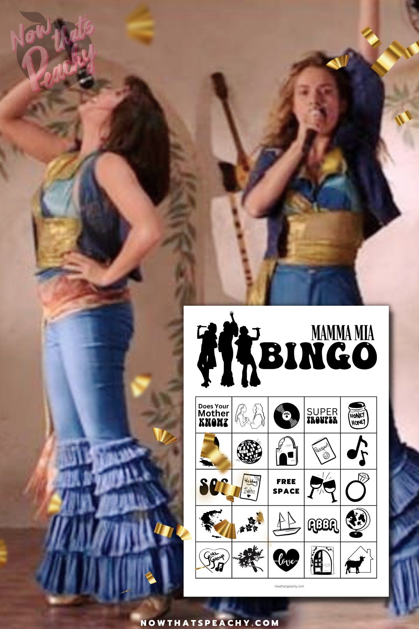 Mamma Mia bingo card game package 1970s flared denim pants seventies 70's disco ball karaoke  printable template digital instant download edit Donna and the dynamos invite edit custom musical movie design black white modern color fun themed bachelorette birthday charity event activity