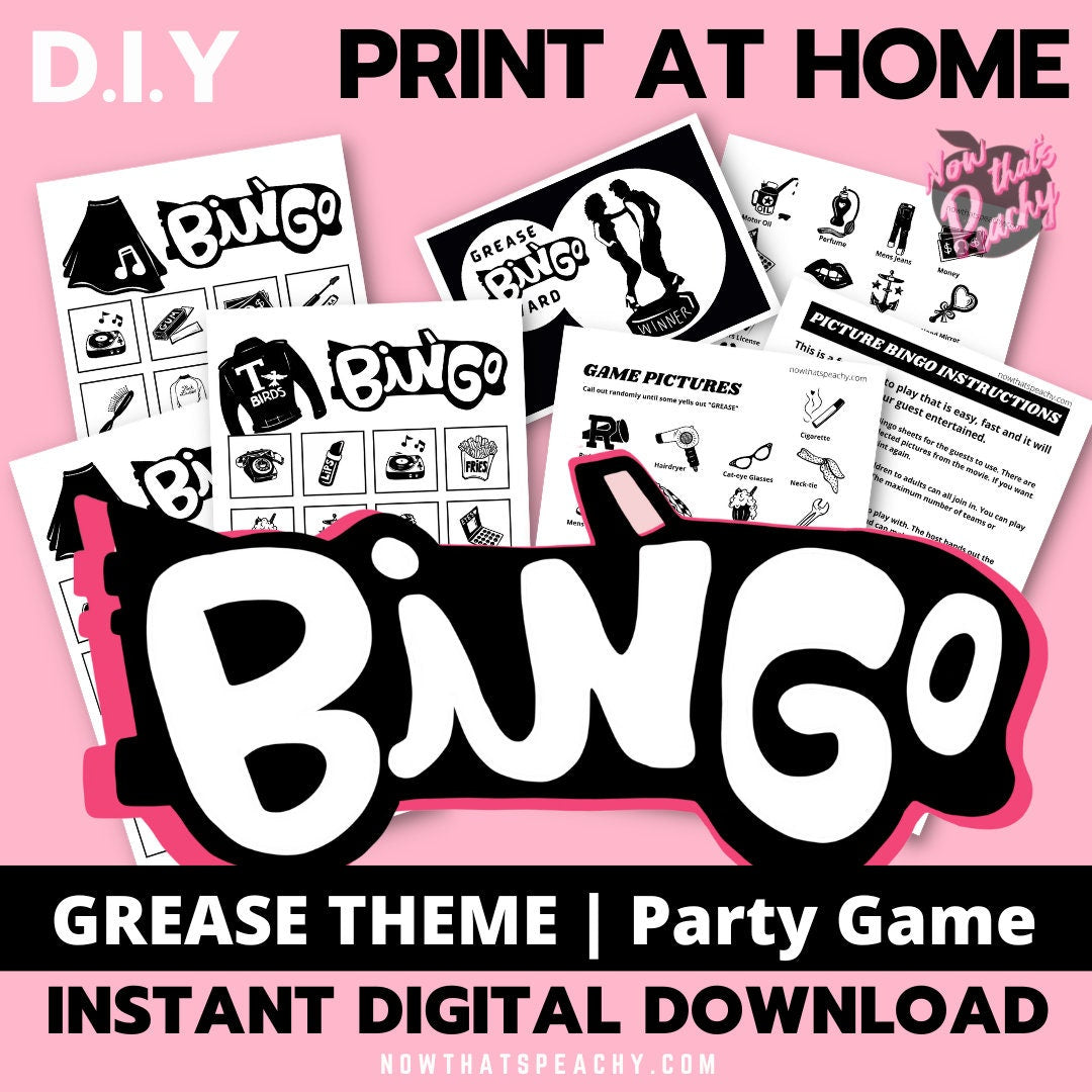 Grease Movie bingo card game party package 1950s fifties 50's printable template digital instant download edit Danny Sandy T-birds Pink Ladies  invite musical movie design black white modern color fun themed bachelorette birthday charity fundraiser event activity