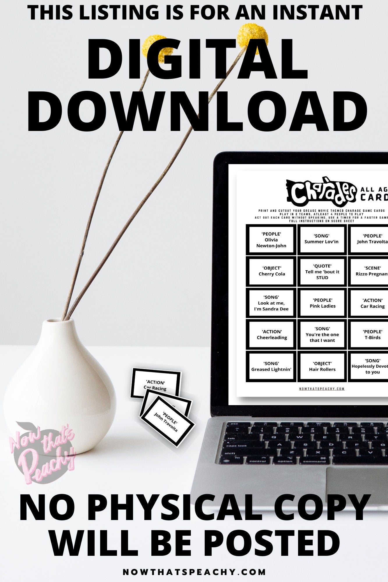 Grease Movie charades  game party 1950s fifties 50's printable template digital instant download edit Danny Sandy T-birds Pink Ladies  invite soda hop jukebox rockabilly rock'n'roll musical movie design black white modern color fun themed bachelorette birthday charity fundraiser event activity