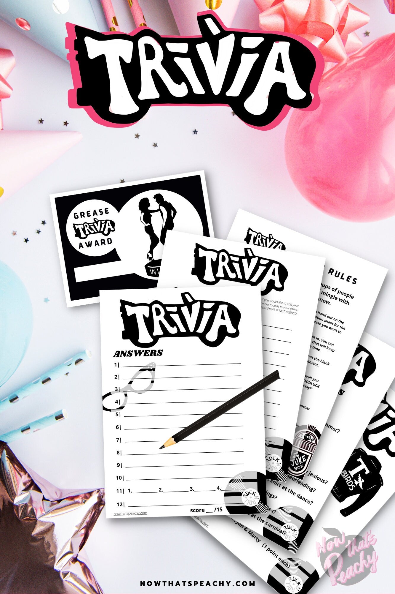 Grease Movie Trivia quiz question game party package 1950s fifties 50's printable template digital instant download edit Danny Sandy T-birds Pink Ladies  invite soda hop jukebox rockabilly rock'n'roll musical movie design black white modern color fun themed bachelorette birthday charity fundraiser event activity