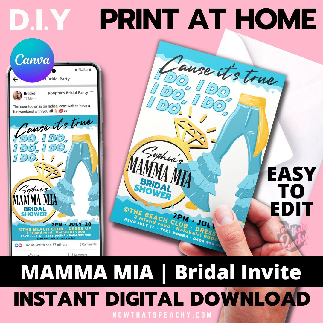 Mamma Mia 1970s flared denim pants disco boho hippy theme bachelorette party hens night bridal shower bride-to-be editable invitation canva printable template digital instant download edit sophie Donna and the dynamos invite edit custom wedding ring design gold blue white modern color