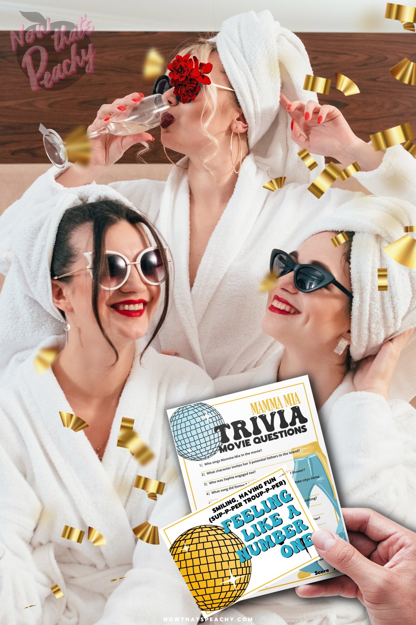 Mamma Mia trivia quiz question game 1970s flared denim pants seventies 70's disco ball karaoke  printable template digital instant download edit Donna and the dynamos invite edit custom musical movie design black white modern color fun themed bachelorette birthday charity event activity