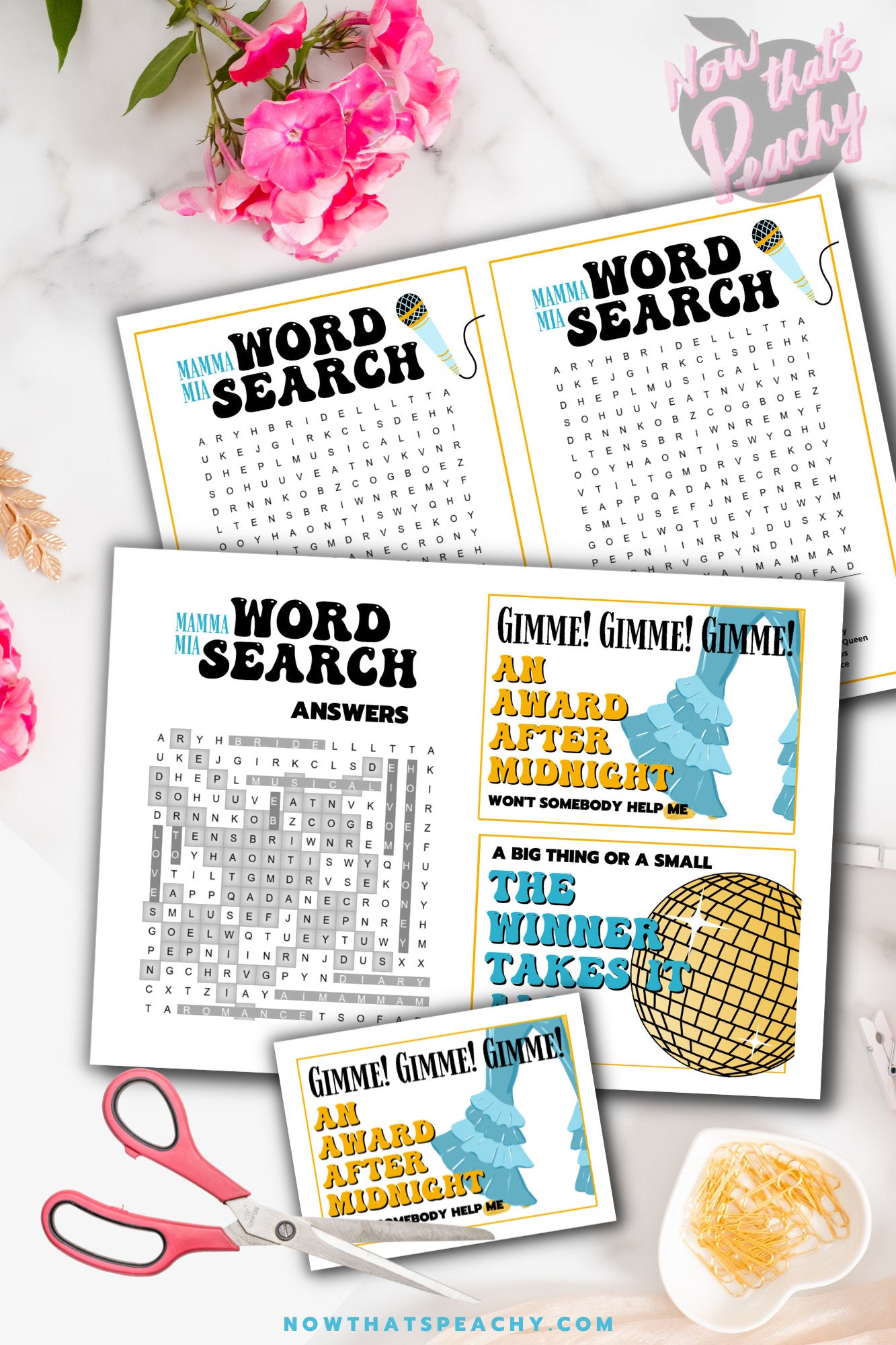 Mamma Mia word search quiz question game 1970s flared denim pants seventies 70's disco ball karaoke  printable template digital instant download edit Donna and the dynamos invite edit custom musical movie design black white modern color fun themed bachelorette birthday charity event activity